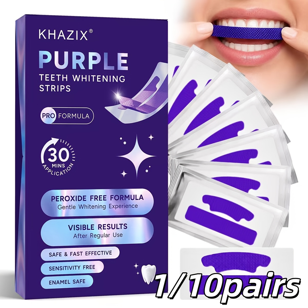 Teeth Whitening Strips Permanent - 1/10 çift Mor Diş Beyazlatma Şeritleri,